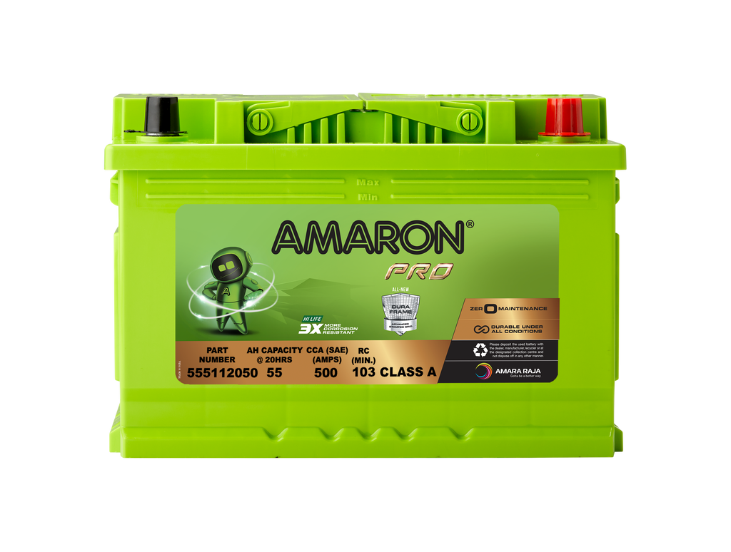 Amaron DIN55H automotive battery front  