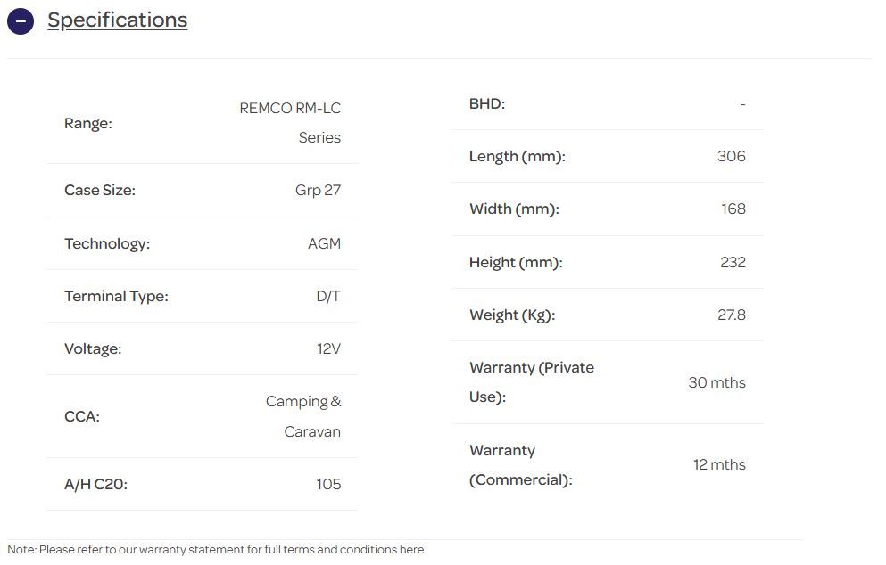 12V 105AH REMCO LC AGM DEEP CYCLE BATTERY GRP 27 D/T
